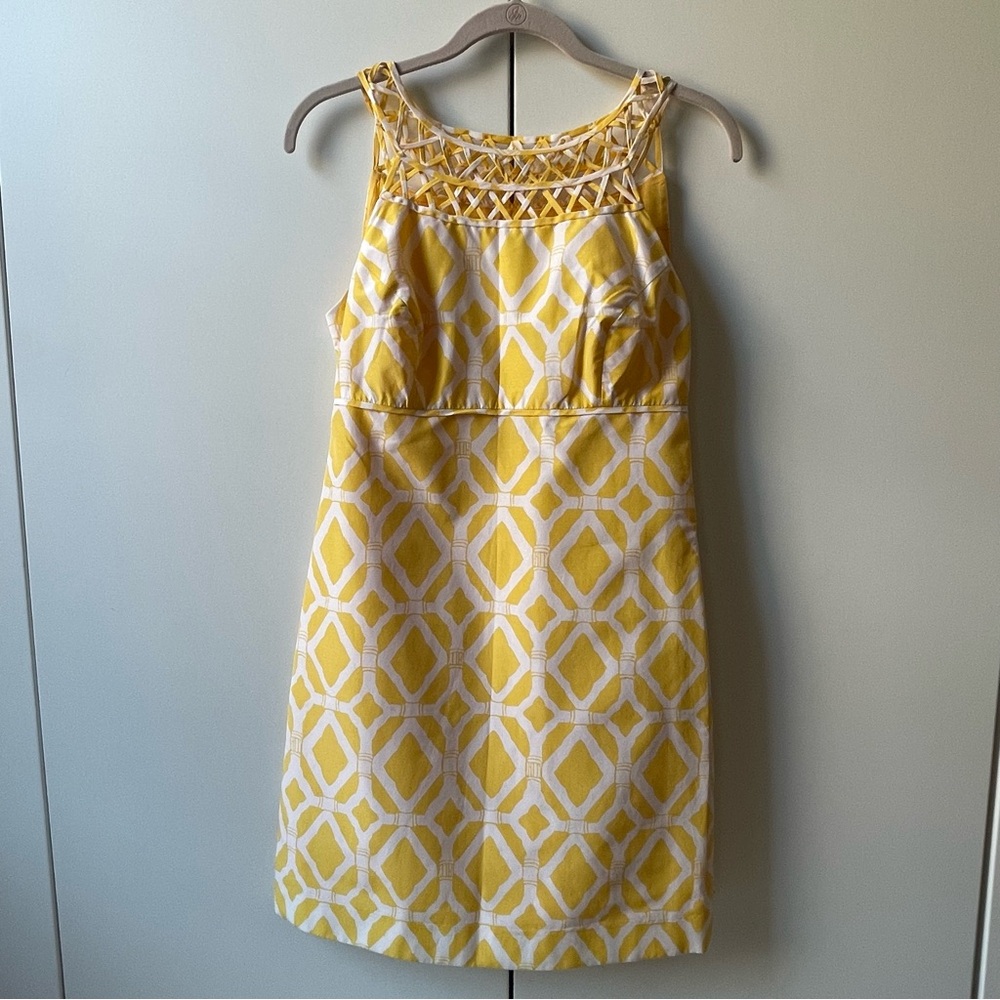 Vintage Y2K Lilly Pulitzer Jacqueline Bamboo Yellow White Lattice Shift Dress 0